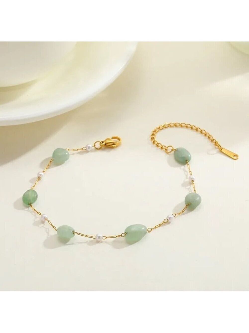 Luxe 18K Gold Plated Green Bead & Faux Pearl Chain Bracelet